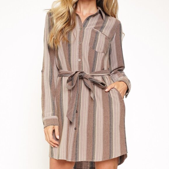 MYSTREE Striped Button Down Shirt Dress w/ Belt Neutral Brown Beige - Picture 1 of 7